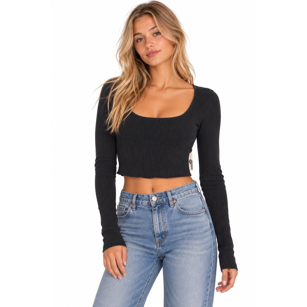 Adidas Ribbed Long Sleeve Crop Top Medium Black Square Neck Sporty Streetwear